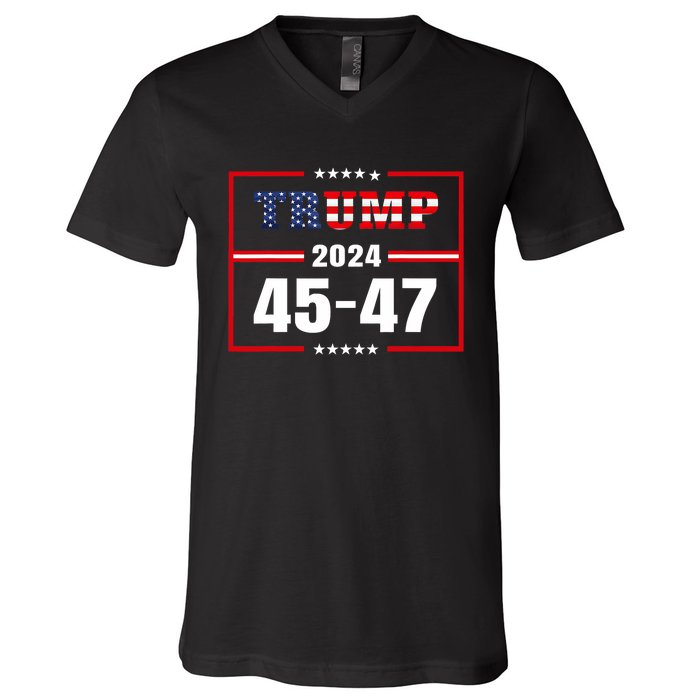 Trump 2024 President 45 47 Vintage American Flag Pro Trump V-Neck T-Shirt