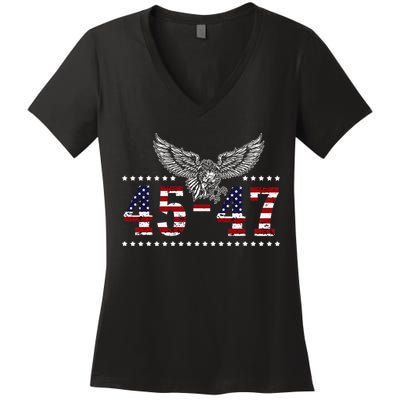 Trump 2024 President 45 And 47 American Flag Trump 2024 Women's V-Neck T-Shirt