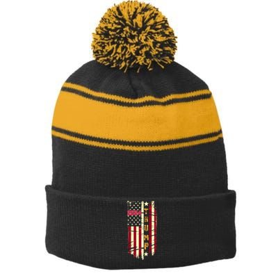 Trump 2024 Retro Flag Front And Back Stripe Pom Pom Beanie