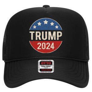 Trump 2024 Retro Campaign Button Re Elect President Trump High Crown Mesh Back Trucker Hat