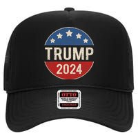 Trump 2024 Retro Campaign Button Re Elect President Trump High Crown Mesh Back Trucker Hat