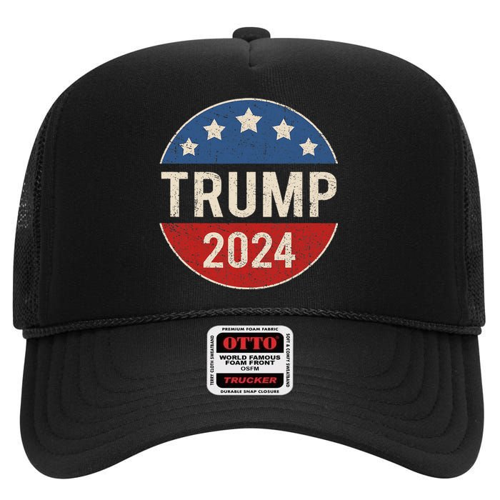 Trump 2024 Retro Campaign Button Re Elect President Trump High Crown Mesh Back Trucker Hat