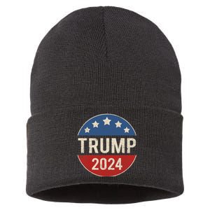 Trump 2024 Retro Campaign Button Re Elect President Trump Sustainable Knit Beanie