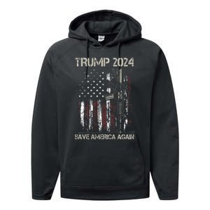 Trump 2024 Retro Campaign Button Re Elect President Trump Performance Fleece Hoodie