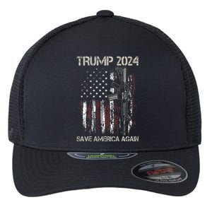 Trump 2024 Retro Campaign Button Re Elect President Trump Flexfit Unipanel Trucker Cap