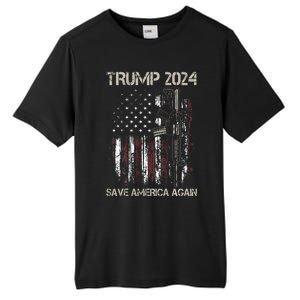 Trump 2024 Retro Campaign Button Re Elect President Trump Tall Fusion ChromaSoft Performance T-Shirt