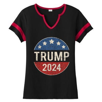 Trump 2024 Retro Campaign Button Re Elect President Trump Ladies Halftime Notch Neck Tee