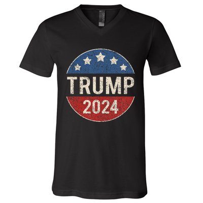 Trump 2024 Retro Campaign Button Re Elect President Trump V-Neck T-Shirt