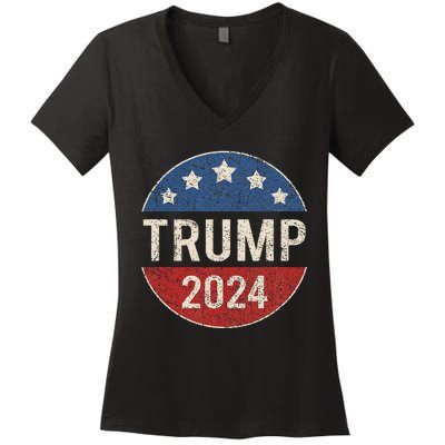 Trump 2024 Retro Campaign Button Re Elect President Trump Women's V-Neck T-Shirt