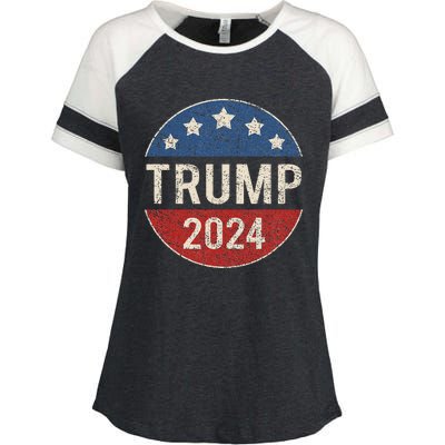 Trump 2024 Retro Campaign Button Re Elect President Trump Enza Ladies Jersey Colorblock Tee