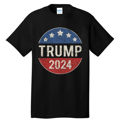 Trump 2024 Retro Campaign Button Re Elect President Tall T-Shirt