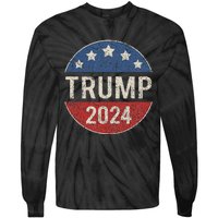 Trump 2024 Retro Campaign Button Re Elect President Tie-Dye Long Sleeve Shirt