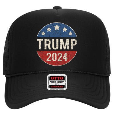 Trump 2024 Retro Campaign Button Re Elect President Trump High Crown Mesh Back Trucker Hat