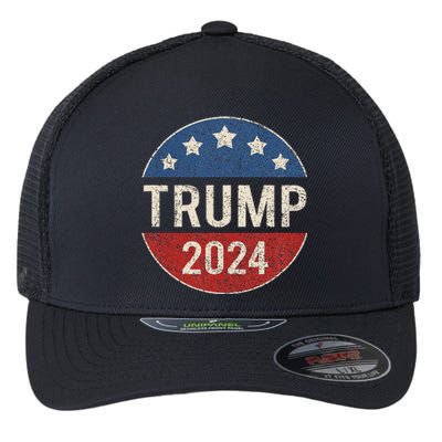 Trump 2024 Retro Campaign Button Re Elect President Trump Flexfit Unipanel Trucker Cap