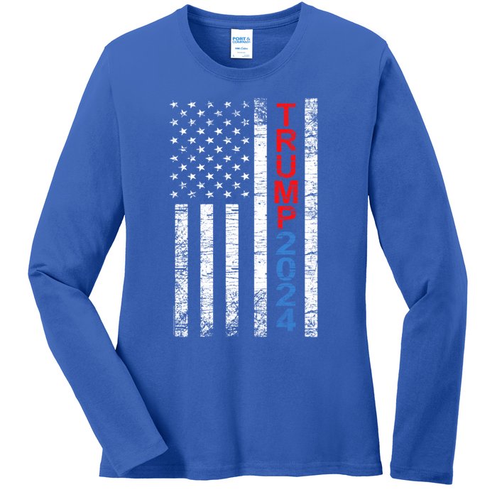 Trump 2024 Rustic Vertical American Flag Funny Gift Ladies Long Sleeve Shirt