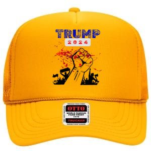 Trump 2024 Survived Bloody Fist High Crown Mesh Back Trucker Hat