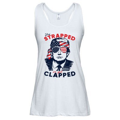 Trump 2024 Stay Strapped Or Get Clapped Veteran Day Ladies Essential Flowy Tank