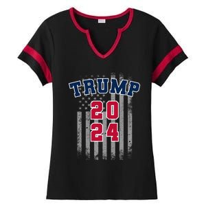 Trump 2024 Sports Font Usa Flag 4th Of July Maga Patriotic Cool Gift Ladies Halftime Notch Neck Tee