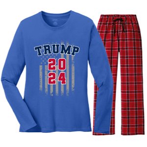 Trump 2024 Sports Font Usa Flag 4th Of July Maga Patriotic Cool Gift Women's Long Sleeve Flannel Pajama Set 