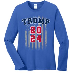 Trump 2024 Sports Font Usa Flag 4th Of July Maga Patriotic Cool Gift Ladies Long Sleeve Shirt