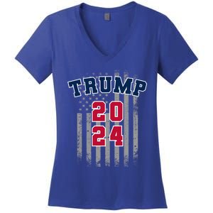 Trump 2024 Sports Font Usa Flag 4th Of July Maga Patriotic Cool Gift Women's V-Neck T-Shirt