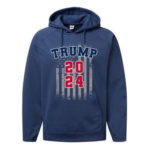 Trump 2024 Sports Font Usa Flag 4th Of July Maga Patriotic Cool Gift Performance Fleece Hoodie