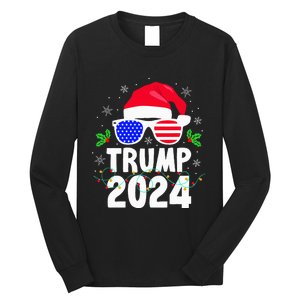 Trump 2024 Santa Hat Xmas Lights Christmas Funny Long Sleeve Shirt