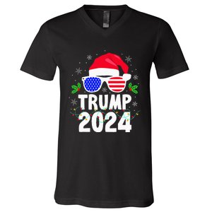 Trump 2024 Santa Hat Xmas Lights Christmas Funny V-Neck T-Shirt