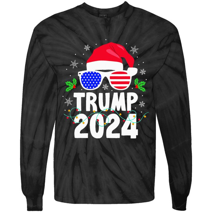 Trump 2024 Santa Hat Xmas Lights Christmas Funny Tie-Dye Long Sleeve Shirt