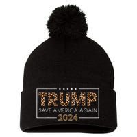 Trump 2024 Save America Again Leopard Print Gift Pom Pom 12in Knit Beanie