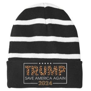 Trump 2024 Save America Again Leopard Print Gift Striped Beanie with Solid Band