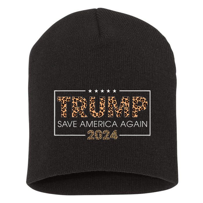 Trump 2024 Save America Again Leopard Print Gift Short Acrylic Beanie