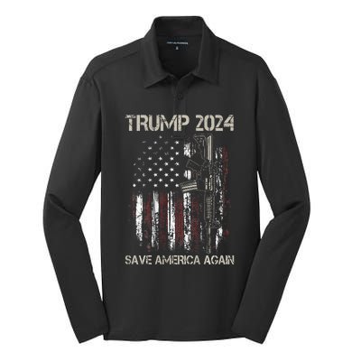 Trump 2024 Save America Again American Flag Gun Silk Touch Performance Long Sleeve Polo