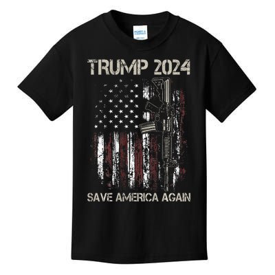 Trump 2024 Save America Again American Flag Gun Kids T-Shirt