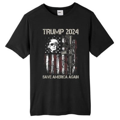 Trump 2024 Save America Again Usa Flag Gun Patriotic Gift Tall Fusion ChromaSoft Performance T-Shirt