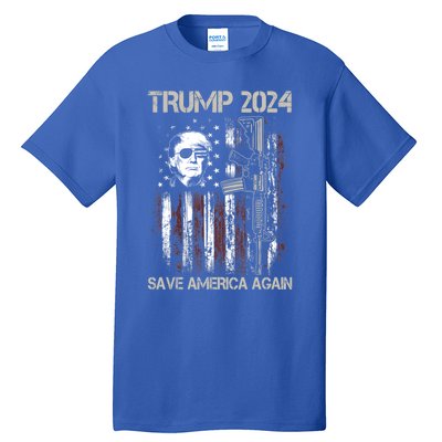 Trump 2024 Save America Again Usa Flag Gun Patriotic Gift Tall T-Shirt