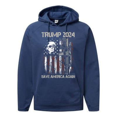 Trump 2024 Save America Again Usa Flag Gun Patriotic Gift Performance Fleece Hoodie