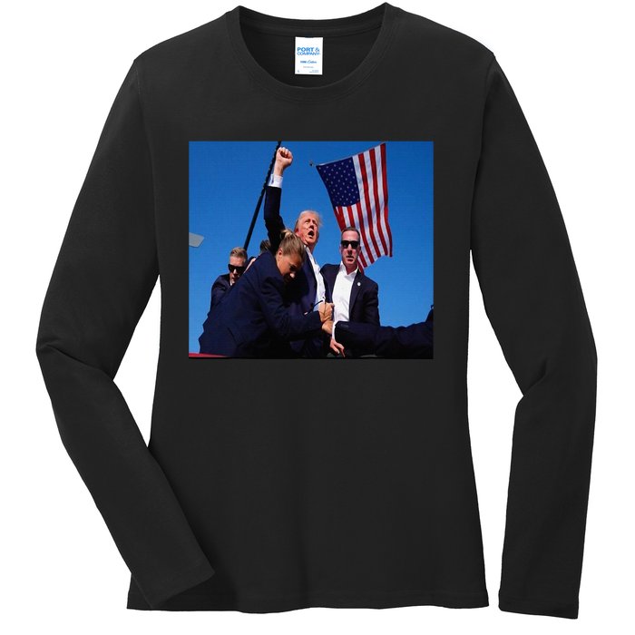 Trump 2024 Stay Strong Fist Pump Rally Secret Service Flag Ladies Long Sleeve Shirt