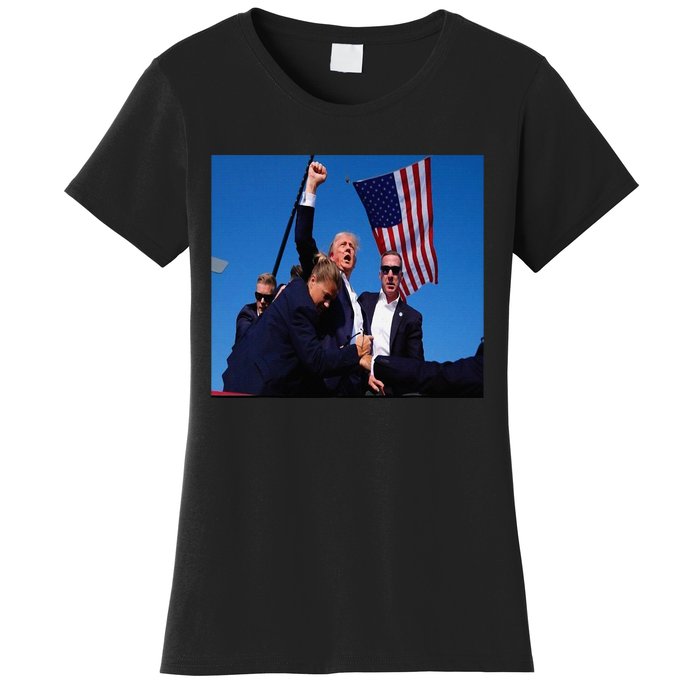 Trump 2024 Stay Strong Fist Pump Rally Secret Service Flag Women's T-Shirt