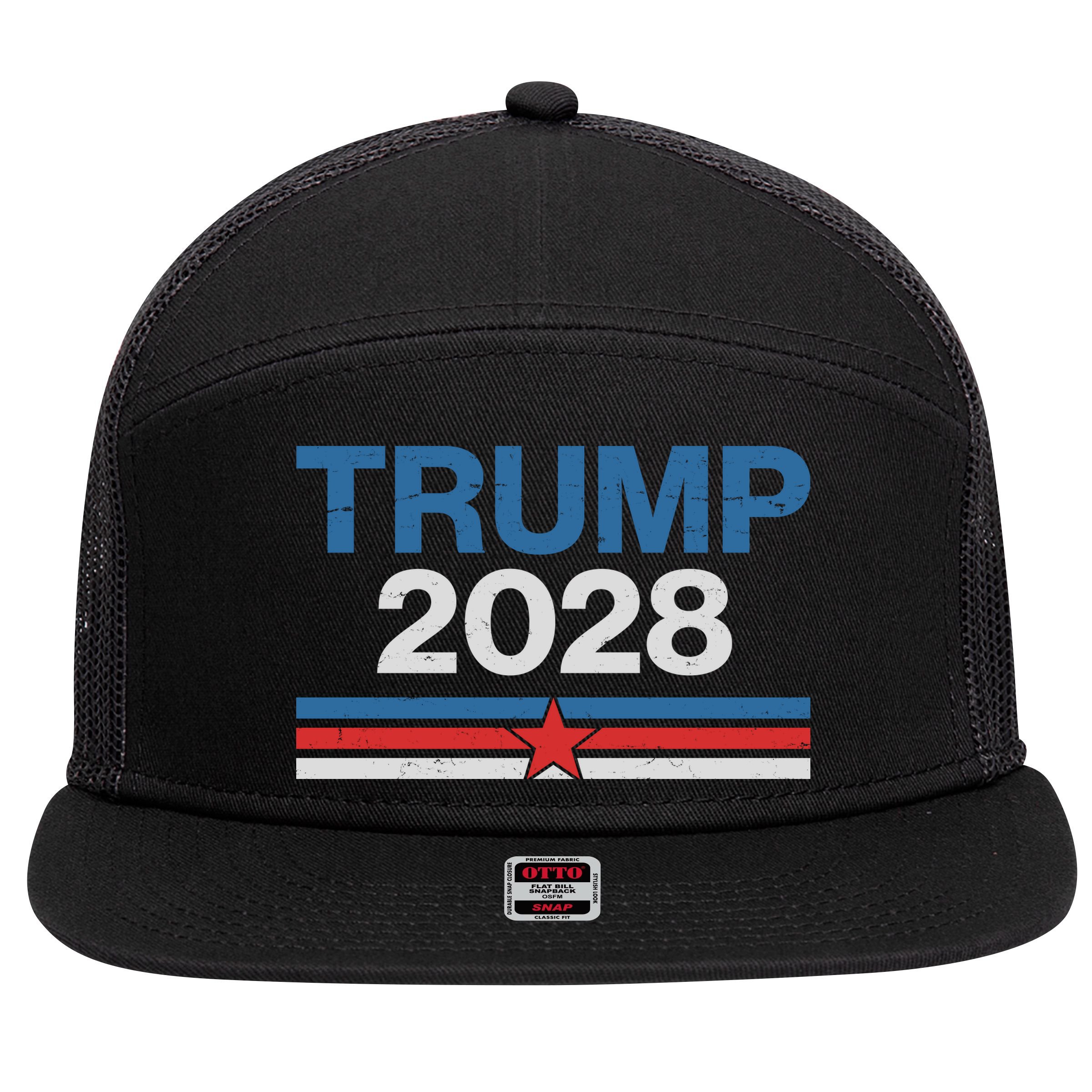 Trump 2028 7 Panel Mesh Trucker Snapback Hat