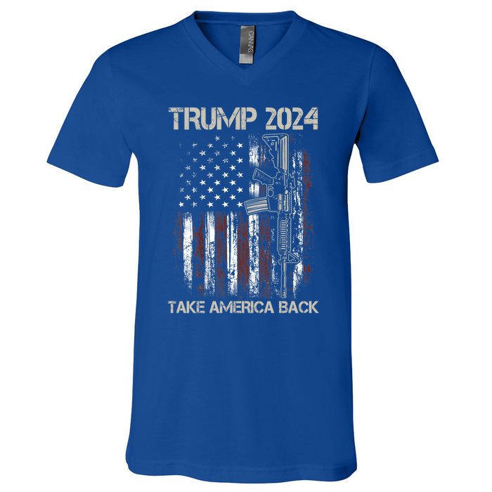 Trump 2024 Take America Back American Flag Gun Gift V-Neck T-Shirt