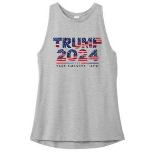 Trump 2024 Take America Back American Flag Ladies PosiCharge Tri-Blend Wicking Tank