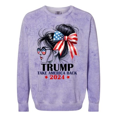 Trump 2024 Take America Back Messy Bun Girl American Flag Long Sleeve Colorblast Crewneck Sweatshirt