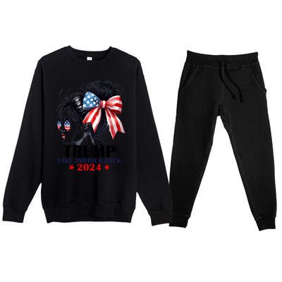 Trump 2024 Take America Back Messy Bun Girl American Flag Long Sleeve Premium Crewneck Sweatsuit Set