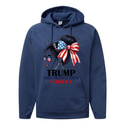 Trump 2024 Take America Back Messy Bun Girl American Flag Long Sleeve Performance Fleece Hoodie