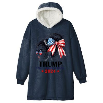 Trump 2024 Take America Back Messy Bun Girl American Flag Long Sleeve Hooded Wearable Blanket