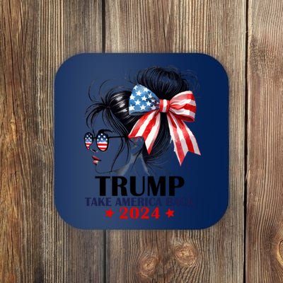 Trump 2024 Take America Back Messy Bun Girl American Flag Long Sleeve Coaster