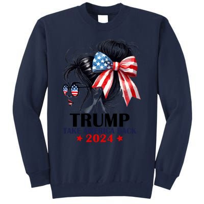 Trump 2024 Take America Back Messy Bun Girl American Flag Long Sleeve Tall Sweatshirt