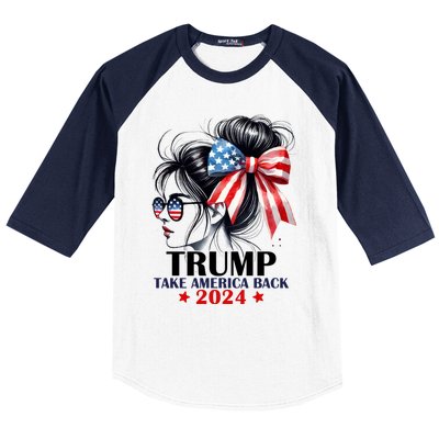 Trump 2024 Take America Back Messy Bun Girl American Flag Long Sleeve Baseball Sleeve Shirt