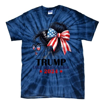 Trump 2024 Take America Back Messy Bun Girl American Flag Long Sleeve Tie-Dye T-Shirt